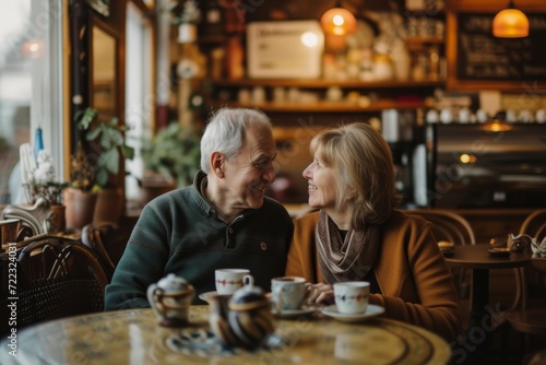 A couple shares a quiet moment over coffee in a cozy restaurant, their faces lit by the warm glow of glasses and saucers on the table