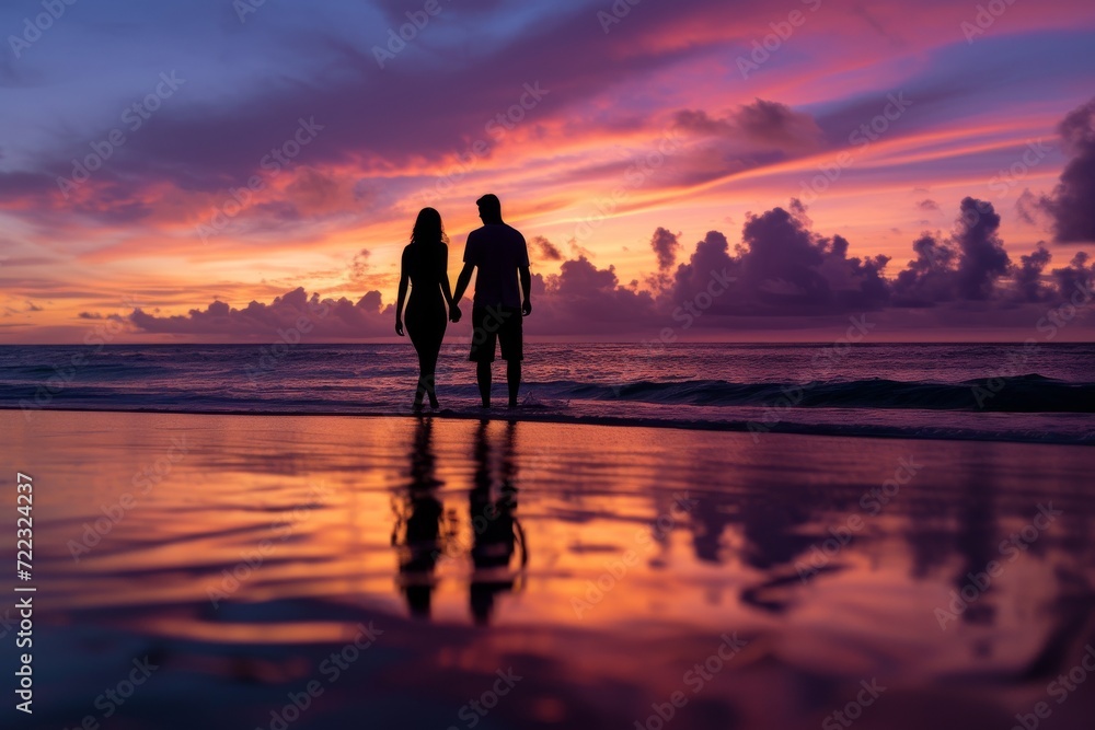 As the sun sets over the ocean, a couple stands hand in hand on the beach, their silhouettes reflecting in the tranquil water while the afterglow paints the sky with shades of pink and orange, creati
