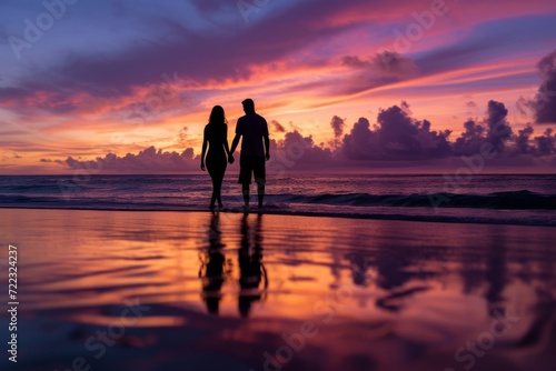 As the sun sets over the ocean, a couple stands hand in hand on the beach, their silhouettes reflecting in the tranquil water while the afterglow paints the sky with shades of pink and orange, creati © ChaoticMind