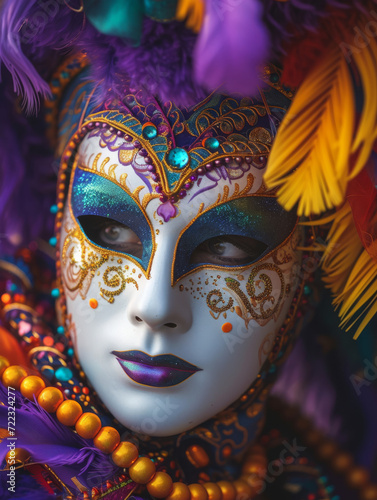 An exquisitely detailed Venetian mask adorned with jewels and feathers during Mardi Gras.