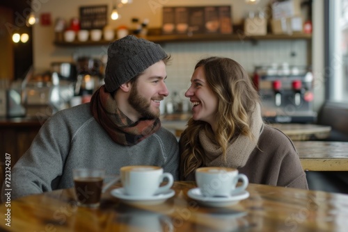 A couple enjoys a warm cup of coffee at a cozy coffee shop  their faces radiating with contentment as they sit at a wooden table adorned with a saucer and mug  surrounded by the simple yet inviting d