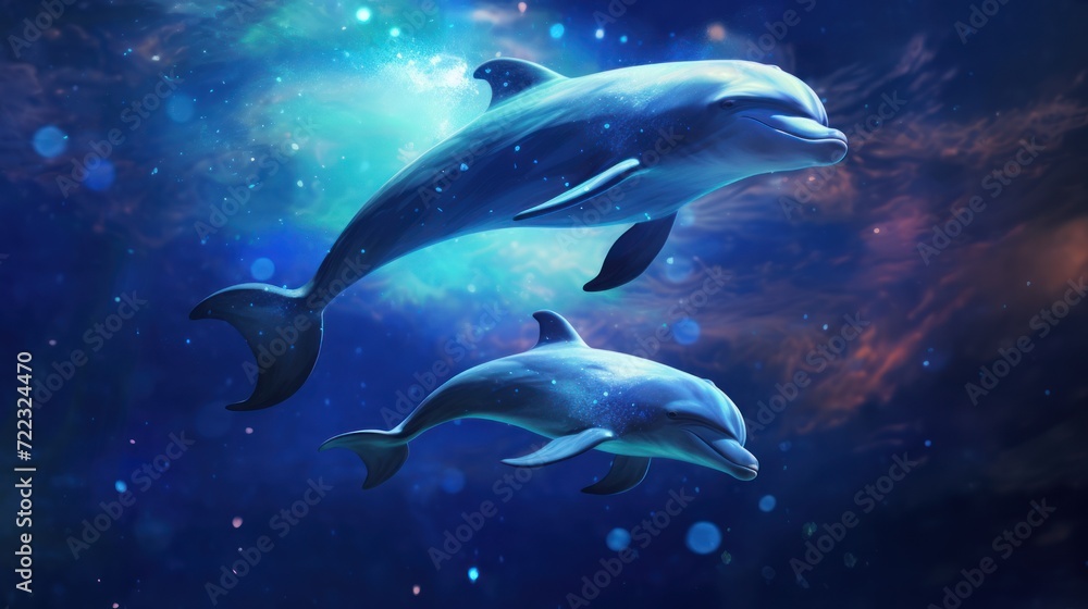 Two dolphins swimming in the sea. The background features a starry sky with a nebula, and the water is illuminated by sparkles.