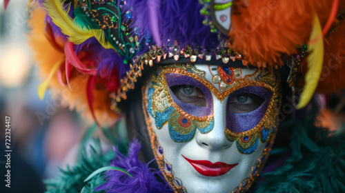 A colourful Mardi Gras mask with purple feathers and intricate beadwork. © Jan
