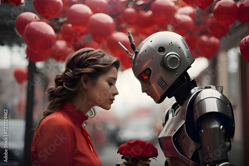Girl and robot humanoid in love Valentine