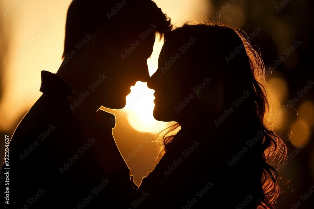 A romantic moment captured in a silhouette as two lovers share a kiss under the soft backlighting of an outdoor setting