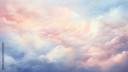 A painting of a sky filled with cotton candy-colored clouds. The predominant colors are pinks, blues, and violets, with some white clouds mixed in.