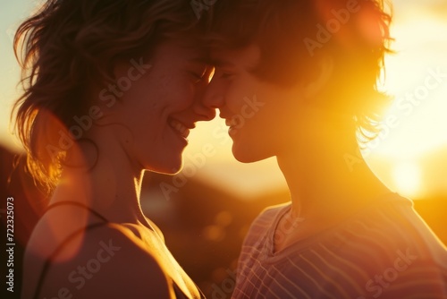 Two lovers embrace in a sunset-kissed moment, their noses touching in a tender display of affection, illuminated by the warm backlighting of the setting sun