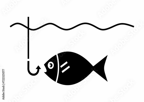 fishing, fish and fishing hook, vector icon, black symbol