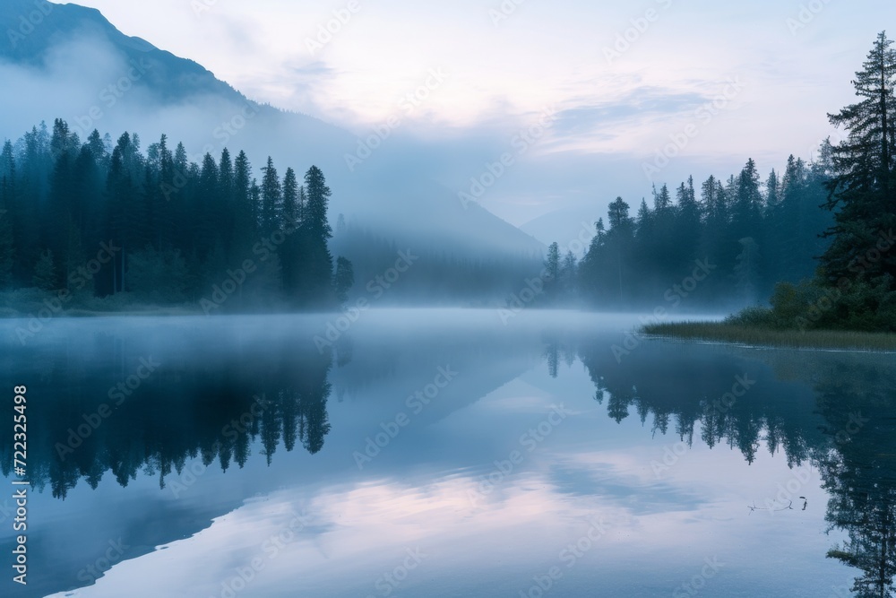 Misty Morning Fog Over Mountain Lake at Dawn