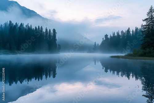 Misty Morning Fog Over Mountain Lake at Dawn © Karl
