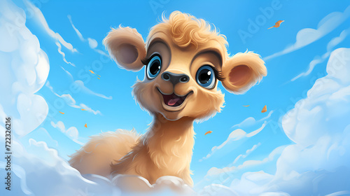 A baby alpaca, a llama, is a kind, beautiful animal, with long brown fur and big eyes. On a blue background. Close-up. Cartoon. Watercolor © Glebsterr