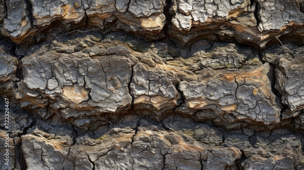 Nature's sturdy embrace, captured in the rough, textured bark of an outdoor tree, revealing layers of igneous rock and stone beneath
