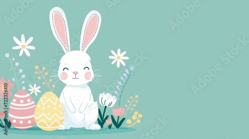 Easter card. Bunny with decorated eggs with copy space