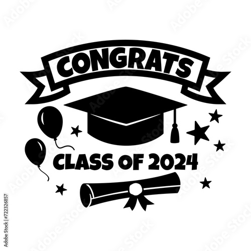 Vector illustration of Class of 2024 with graduation cap, diploma scroll, balloons and stars on white background. Academic black hat with a tassel and a university diploma with quote Class of 2024.