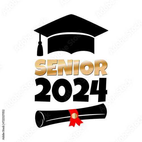 Vector illustration of Senior 2024 with graduation cap and diploma scroll on white background. Academic black hat with a tassel and a university diploma with quote senior 2024. © Olga
