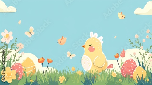 Easter card. Chicken with decorated eggs with copy space