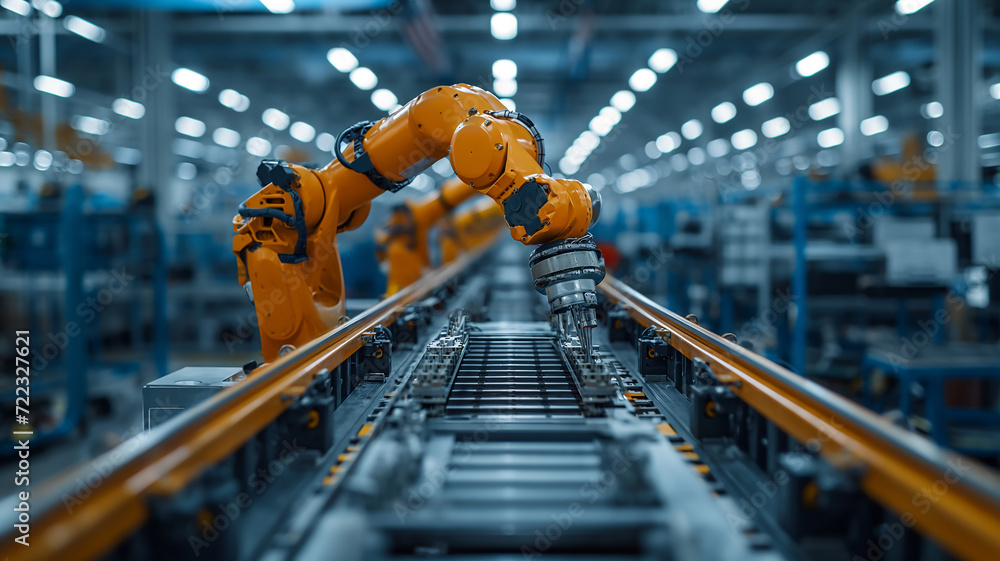An unmanned automatic factory production robot performs manufacturing in the factory. - obrazy, fototapety, plakaty 