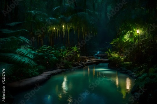 A thin stream through the jungle  a serene pathway that winds through a verdant paradise