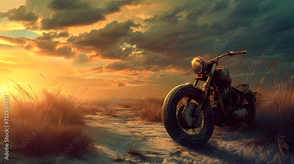 Obraz premium Vintage Motorcycle Resting in a Golden Sunset Field