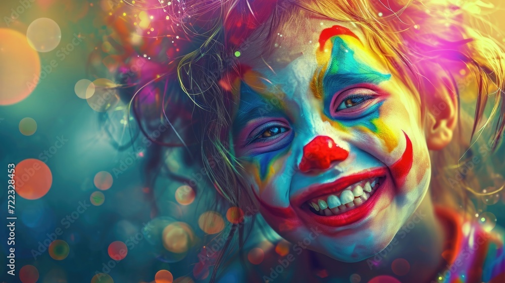 Close-up portrait of a cute little girl with painted face as a clown