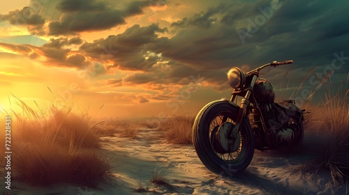 Vintage Motorcycle Resting in a Golden Sunset Field © Just Captures