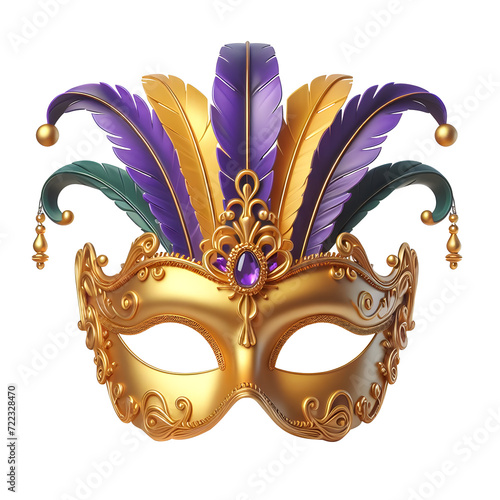 golden happy mardi gras festival Carnival elegant party face mask with pink diamond feather 3d illustration front view isolated on transparent background