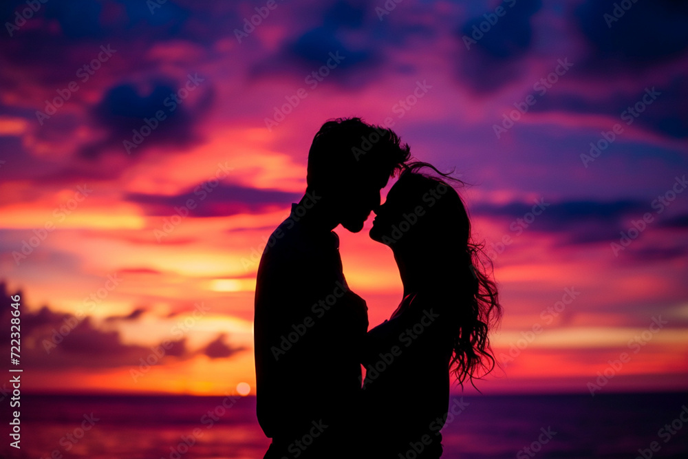 Silhouetted Couple Kissing at Sunset on Beach