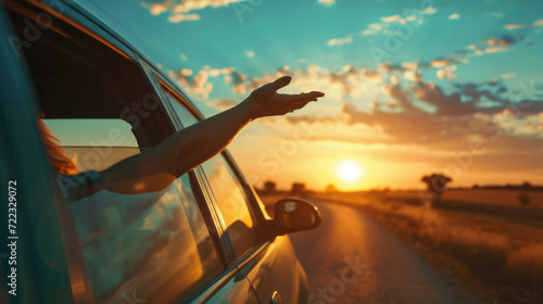 Persons hand outside of window feeing the warm rays of sunshine. Sea side road trip vacation