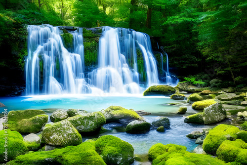 Waterfall and stream in the forest and jungle with mountain  garden in the park  summer