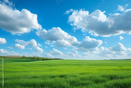 Lush Green Field under a Blue Sky with Cumulus Clouds