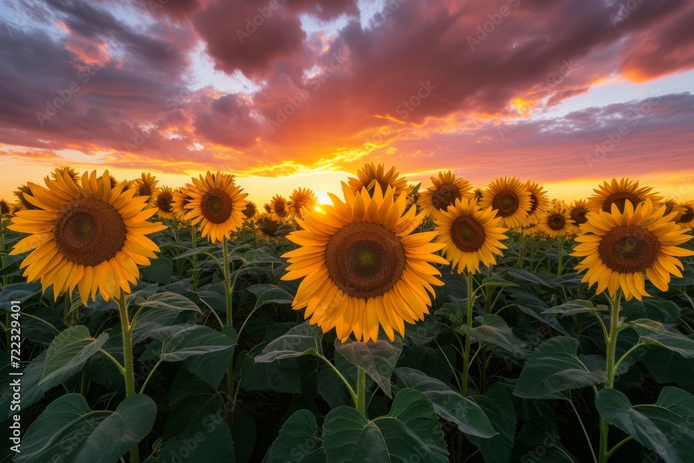Obraz premium Sunset Over Vibrant Sunflower Field