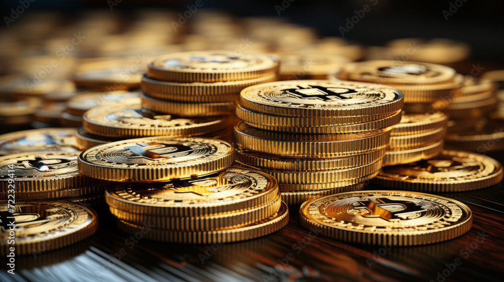 piles of golden bitcoins. concept of investing in cryptocurrency piles of golden bitcoins. concept of investing in cryptocurrency