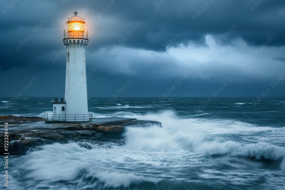 Stormy Sea with Waves and Lighthouse Beacon