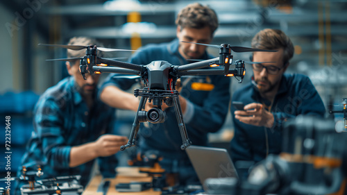 A group of university students engaged in the construction and assembly of a drone, working on its development photo