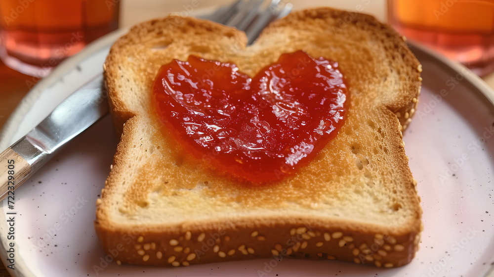 Golden-yellow toast on a white plate with heart-shaped red fruit jam is a cute way to express your love. Worried that the person you love will be hungry in the morning, breakfast is prepared for them. Golden-yellow toast on a white plate with heart-shaped red fruit jam is a cute way to express your love. Worried that the person you love will be hungry in the morning, breakfast is prepared for them.