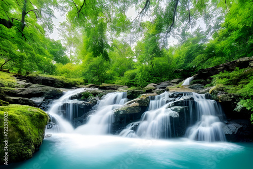 Waterfall and stream in the forest and jungle with mountain  garden in the park  summer