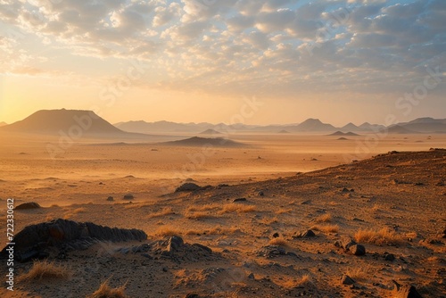 Safari and travel to Africa, extreme adventures or science expedition in a stone desert. Sahara desert at sunrise, mountain landscape with dust on skyline, hills and traces of the off-road car