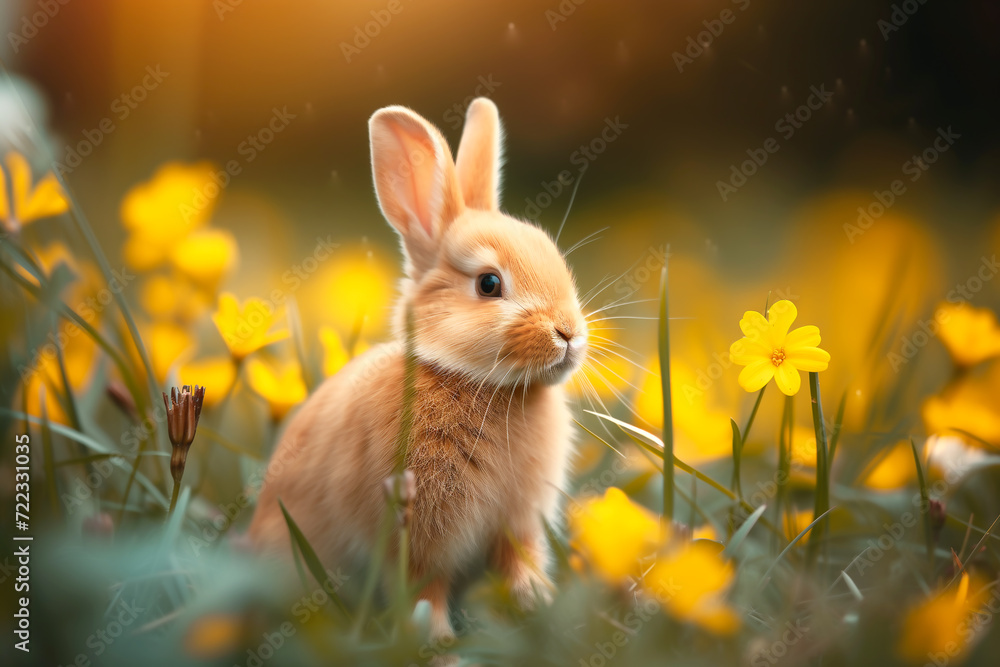 rabbit in yellow flowers, rabbit standing in the grass, rabbit in the yard, in the style of forced perspective, high-quality photo, photorealism, dark turquoise and light brown rabbit in yellow flowers, rabbit standing in the grass, rabbit in the yard, in the style of forced perspective, high-quality photo, photorealism, dark turquoise and light brown