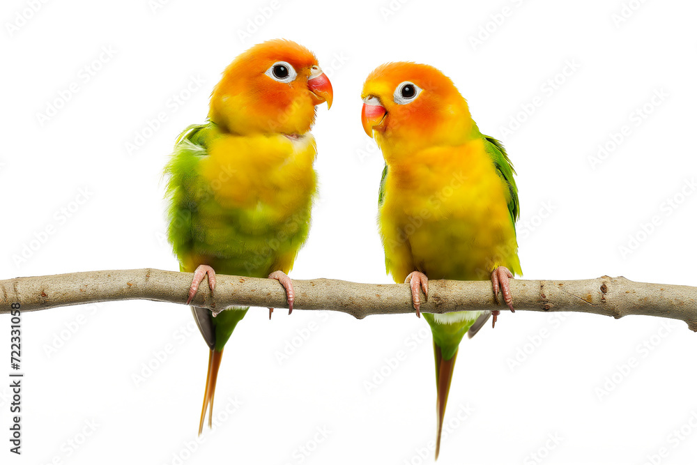Obraz premium two birds sitting on a branch among white background, in the style of kawaiipunk, rainbowcore, light amber and green, post processing, wimmelbilder, shaped canvas, dignified poses