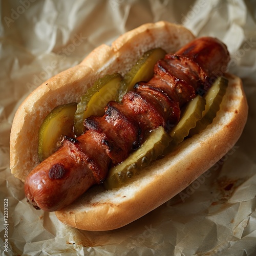 grilled sausage hotdog with pickles served on the greasy food paper . generative ai photo