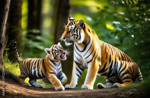 photograph of a tigress playing with her cubs in a clearing in the forest, multiple exposure from different angles Nikon D200 with 10mm lens, backlit, textured details, sharp edges © Iulia