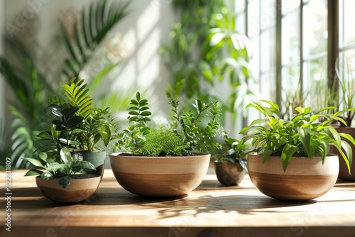 Set of bowls with loamy soil and various plants on table