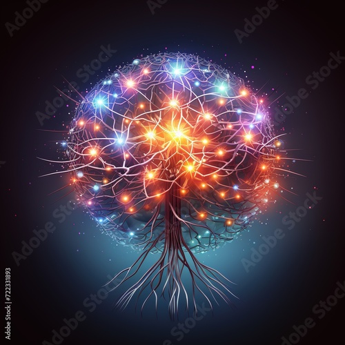 Digital human Brain with shinning neurons, white background photo