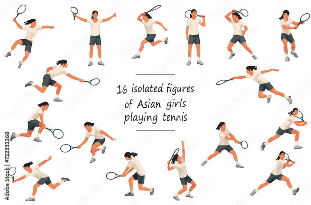 16 figures of Indonesian, Thai or Filipino women's tennis players in white T-shirts throwing, serving, receiving, hitting the ball, standing, jumping and running
