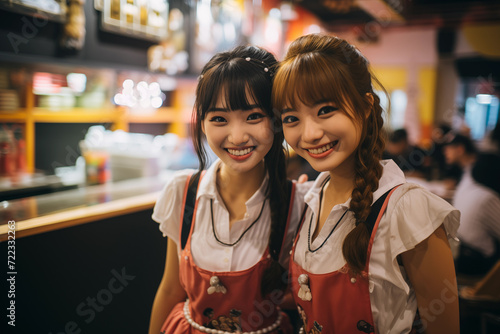 Two cheerful young women wearing maid cafe uniforms with aprons smile brightly while working in a bustling cafe environment.