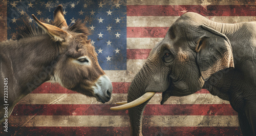 Donkey and Elephant with American Flag, Political Party Representation, Generative AI photo