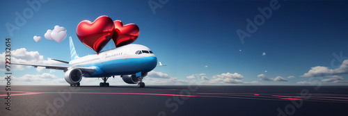 airplane with red heart banner for business marketing in valentine day. Celebrate advertising with airplane with red heart. Background isolate with hearts and airplane. Valentine's Day. Valentine photo