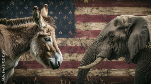 Donkey and Elephant with American Flag, Political Party Representation, Generative AI