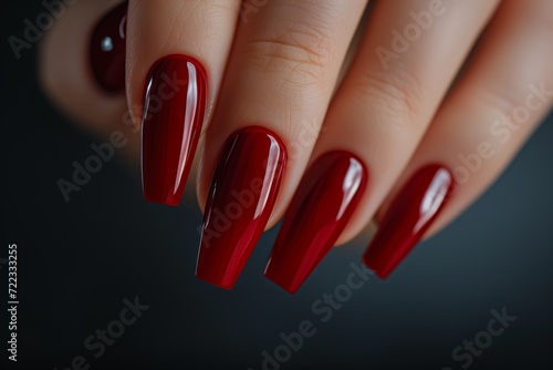 Showcasing Red Nails with a Long, Naturalistic Proportion, Boasting a Glossy Finish, Maroon Hue, and Thick Texture - A Stunning Expression of Beauty and Fashion Concept