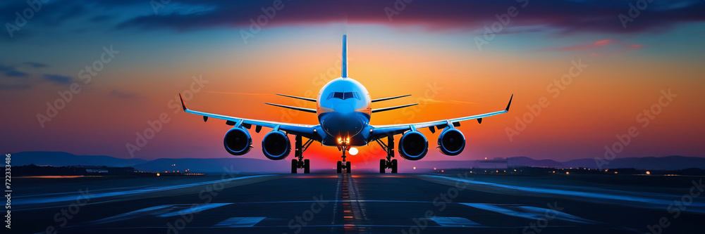 Passenger plane is landing during a wonderful sunset. Landscape with passenger airplane is flying over the asphalt road and cloudy sky. Commercial plane is landing. Copy space banner